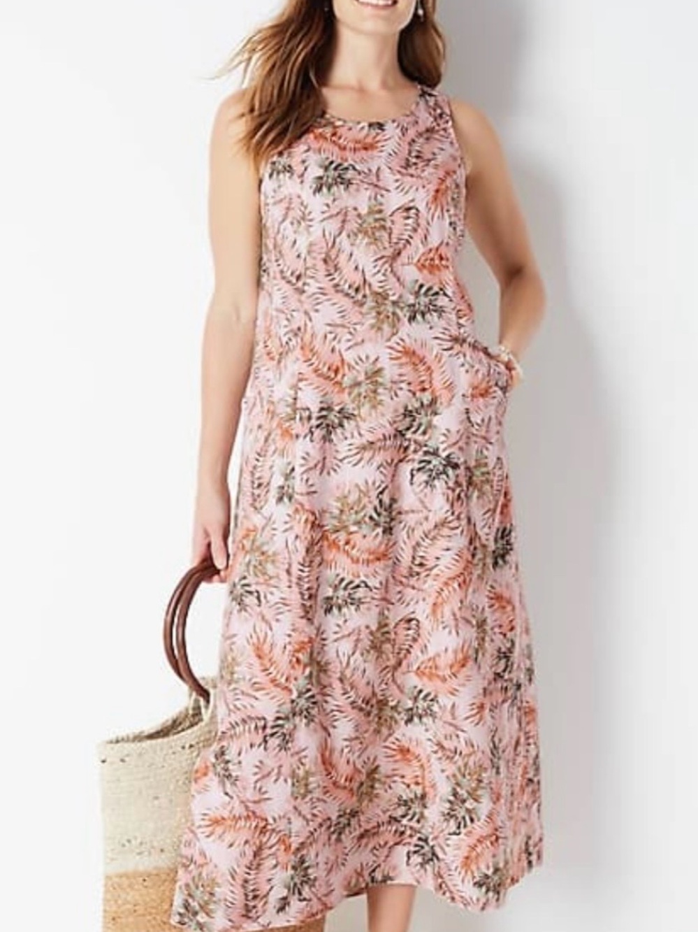 J Jill Love Linen Maxi Dress Medium Tropical Palm Print Pockets Coastal Resort